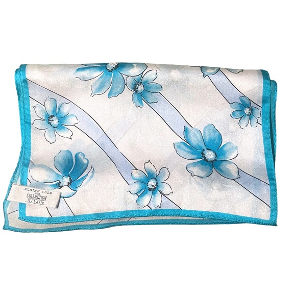 100% Silk Scarf - ELAINE GOLD for Collection XIIX - Blue White Floral 53” x 10” - Picture 1 of 13